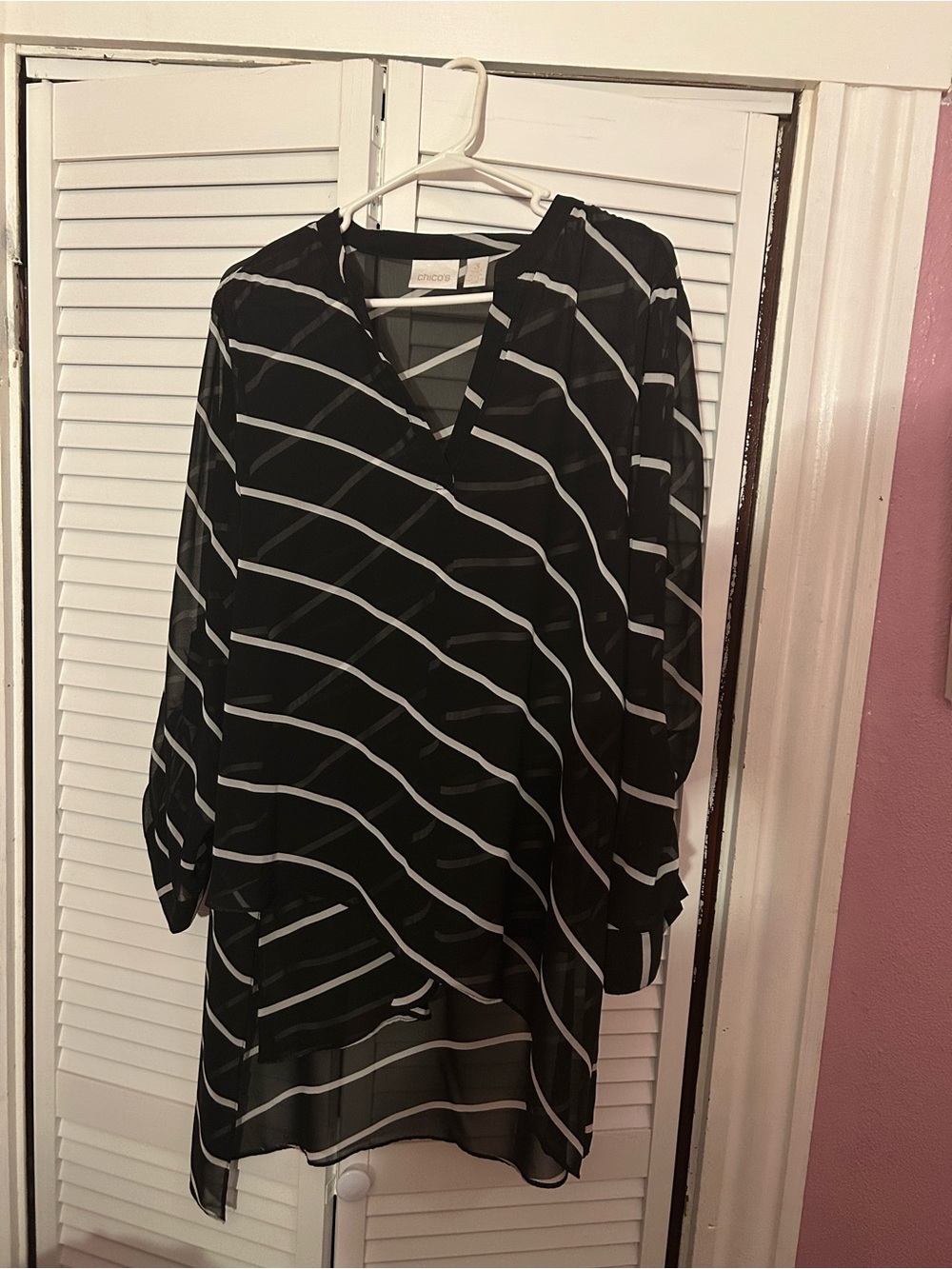Chico's Black Blouse with White Diagonal Stripes